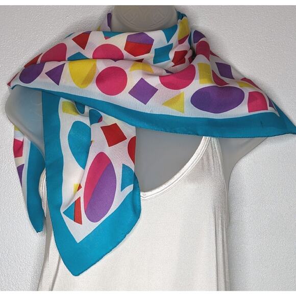 Geometric Scarf Turquoise Colorful Large 30" Sq. MADE IN ITALY - Picture 1 of 11
